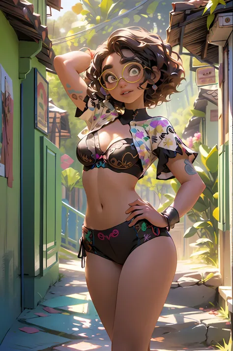 chica guapa de cuerpo entero, pechos grandes, small waist, bragas balncas, brassiere, casa de encanto de disney de fondo, lentes...