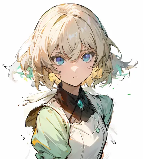 anime girl with green eyes and yellow top, portrait chevaliers du zodiaque fille, knights of zodiac girl, rogue anime girl, offc...