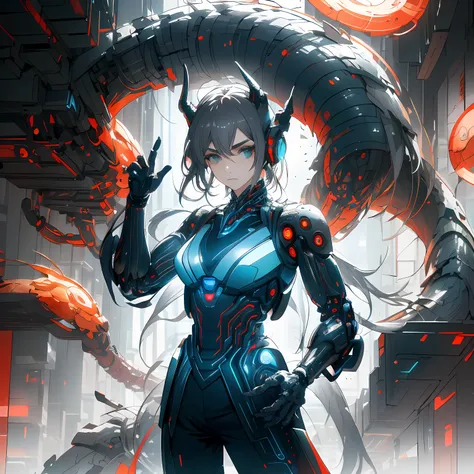 ((A futuristic)), ((mito)), ((fanciful)),Machinary,1girll, Cyberpunk urban environment, gray-haired girl,Avant-garde clothing, (Above its head is a mechanical Asian dragon:1.5), (neonlight:1.2), (cybernetically enhanced:1.1), (Fine dragon scales:1.1), (act...