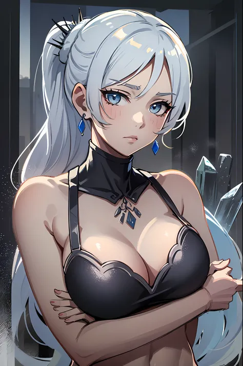(Masterpiece, Best Quality:1.2), Cowboy shot, 独奏, 1girl, white colored hair, Vaisvale, expressionless, closed mouth, looking a viewer, crossed arms, pony tail, scar across eye, whitedress, Jewelry, necklace, earings, Huge-breasts, convex areolas, upper-bod...