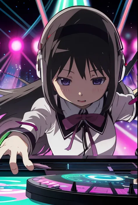 A solo shot featuring  homuramagica
homuraakemi a DJ, showcasing her skills on the turntables at a vibrant rave.