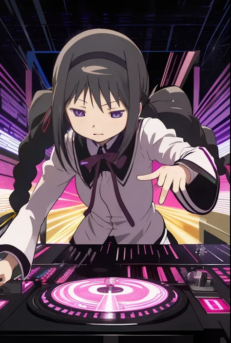 A solo shot featuring  homuramagica
homuraakemi a DJ, showcasing her skills on the turntables at a vibrant rave.
