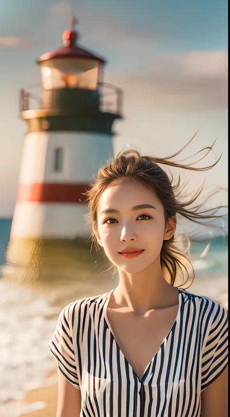 filmg, coastal beauty, girl in a charming nautical outfit, striped shirt, (bright eyes, sun-kissed skin, carefree expression), s...