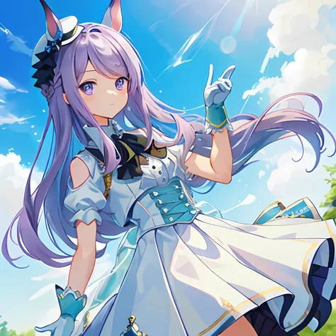 ((Masterpiece, Best quality)),(illustration),(detailedlight),((anextremelydelicateandbeautiful)),1girll,mejiro_mcqueen_(umamusume),Long hair,Purple hair,Purple eyes,Bright pupils,White gloves,Mini cap,navel,Bare_bshoulders,Short sleeves,,white colors ,cro...
