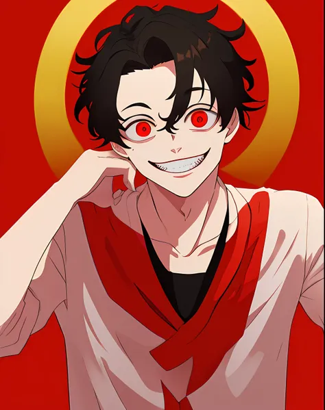 masterpiece, best quality, yameroyandere, crazy smile, crazy eyes, yandere, red background,1 boys