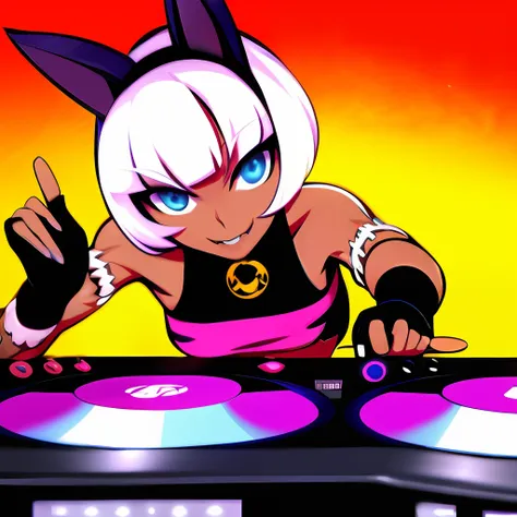 , a solo shot featuring ms fortune  a dj, showcasing her skills on the turntables at a vibrant rave.