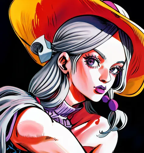 bucket-hat，((solofocus))，closeup cleavage，((araki style)) ((wears))，wide-brimmed hat，long  white hair，silver-gray eyes，long hair...