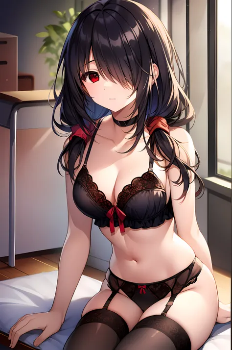 tokisaki kurumi, black hair, low twintails, (hair over right eye:1.5), (red eyes:1.2), (small breast:1.2), 1girl, masterpiece, b...