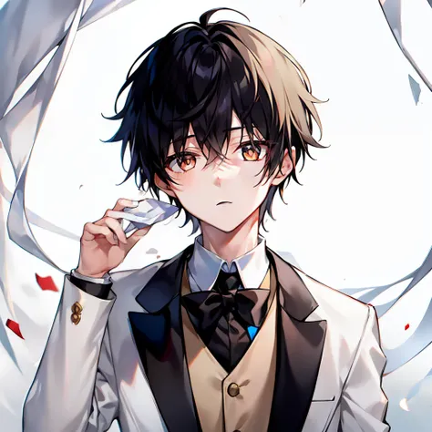 1boy, whaite hair, white suit, yuki，brown right eye，the left eye is wrapped in a bandage，ellegance，black hair