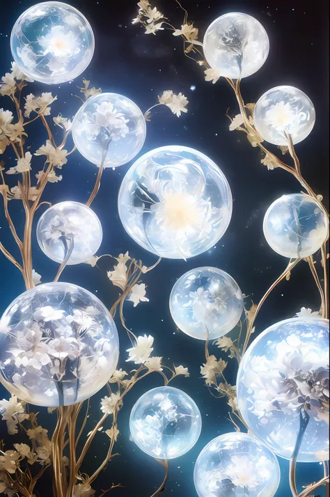 a universe with stars，the big bang of stars，energy sphere，glass flowers，chinesedragon，themoon