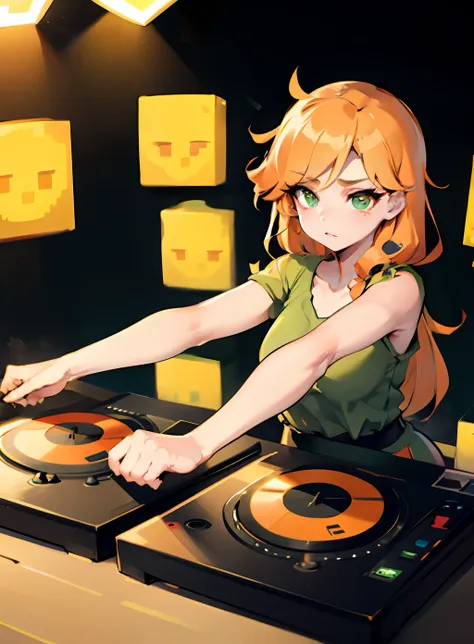 a solo shot featuring alex (minecraft)
green eyes
orange hair a dj, showcasing her skills on the turntables at a vibrant rave.