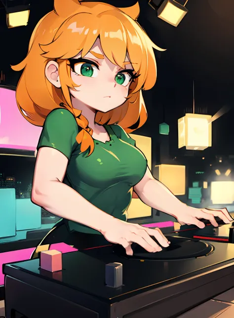 a solo shot featuring alex (minecraft)
green eyes
orange hair a dj, showcasing her skills on the turntables at a vibrant rave.