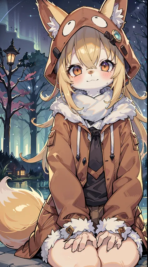 Shota the fox,hairy pubic,shaggy,Skin fur,Golden fur,Golden yellow face fur,Short straight blonde hair,Eyes have light,Red eyes,Brown elements on fur,Brown coat brown hood up,White top,brown shorts,Beautiful lights and shadows,Ambient light,Ultra-fine fur,...