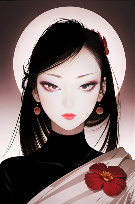 tsuruta ichiro, Narrow-eyed, 1girl in, Allback、deadpan、short-hair、shorth hair、brow、Reluctance、A dark-haired、Tucked Hair Solo, Cowgirl, Onepiece, ((mideum breasts)), Thin slit eyes、Black eyes, Light shines on the eyes、Black hair, gloves, Dress, Luxurious...