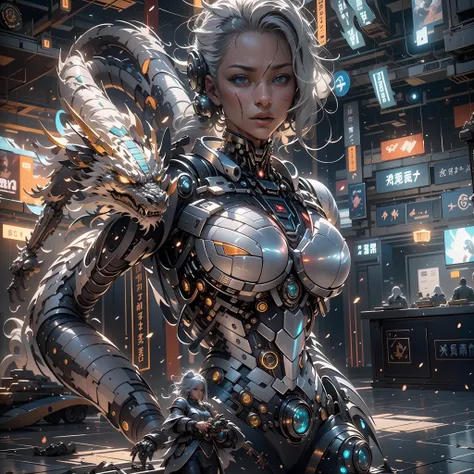 （（best qualtiy））， （（tmasterpiece））， （the is very detailed：1.3）， 3d，in cyberpunk world，a girl in mechanical armor，holding futuris...