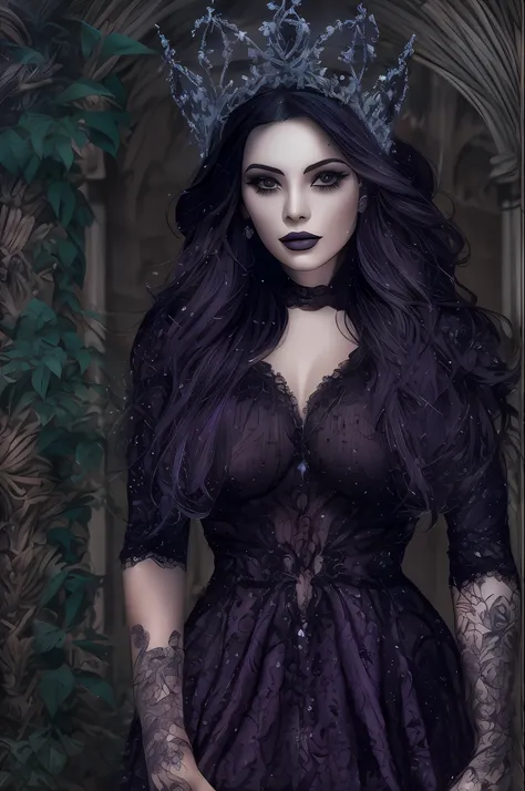 bela mulher tatuada, cabelos curtos preto, corpo inteiro, gothic purple and black dress, luvas de rena preta, on his neck a crow...