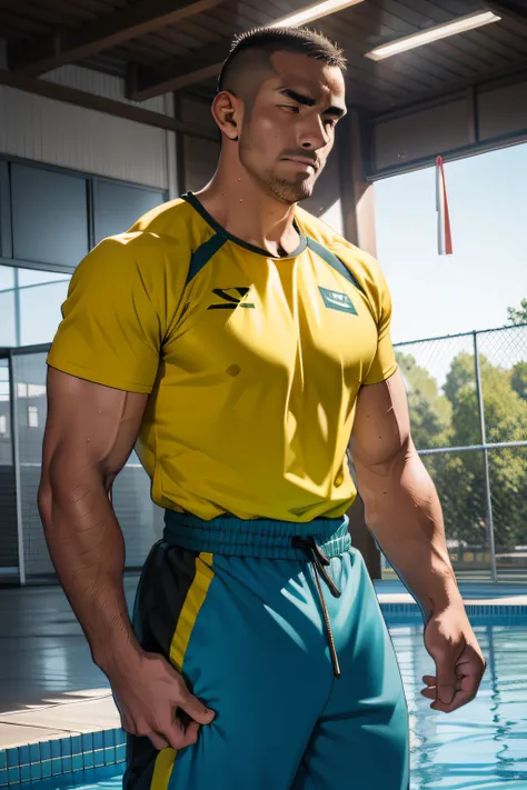 Swimming instructor,musculous,Brush cut,30 age old,Large arms and thin waist,Brush cut,86 kg,track suit,swim trunks,Physical exercise。