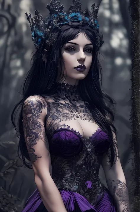 bela mulher tatuada, cabelos curtos preto, corpo inteiro, gothic purple and black dress, luvas de rena preta, on his neck a crow...