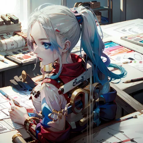 Powder blue gradient double ponytail,Royal Sister,Large breasts,hot girls,Drawing board,Painter,Art studio,artist,Handheld brush,Handheld color palette