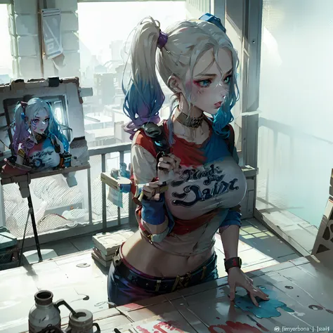 Behind bars,Get wet,Powder blue gradient double ponytail,Royal Sister,Large breasts,hot girls,Raised sexy,Drawing board,Painter,Art studio,artist,Handheld brush,Handheld color palette