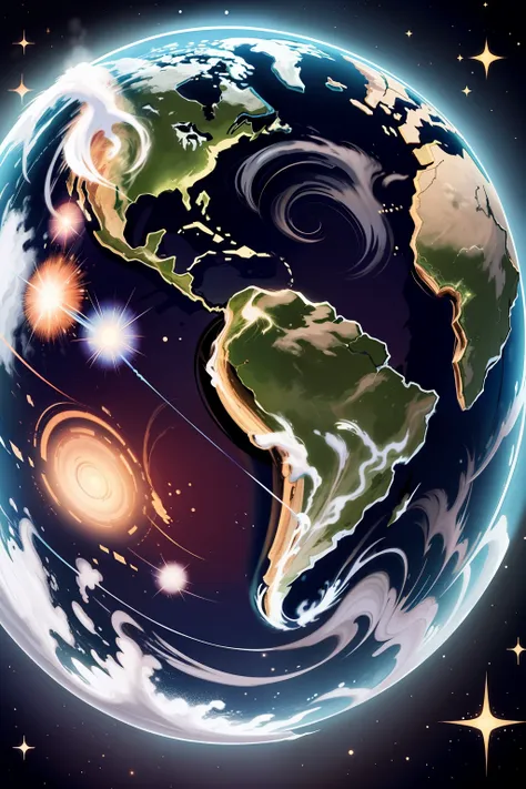 stylized illustration of the world prominently in south america, com mundo de estrelas