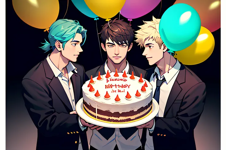 three boys，a lot of balloons，the birthday cake，support each other