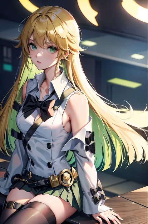 an anime girl sitting on top of a desk, 1girl, solo,  long hair, black skirt, shirt, thighhighs, sleeveless shirt, sitting, sleeveless, pleated skirt, looking at viewer, indoors, off shoulder, collared shirt, open clothes,  ,  black thighhighs,  green eyes...