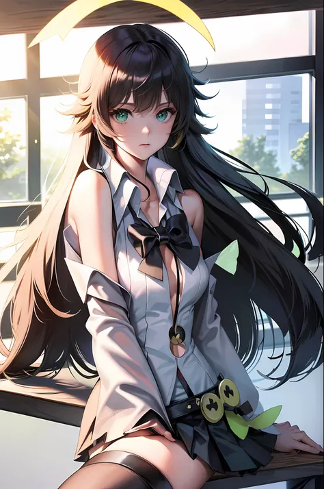 an anime girl sitting on top of a desk, 1girl, solo,  long hair, black skirt, shirt, thighhighs, sleeveless shirt, sitting, sleeveless, pleated skirt, looking at viewer, indoors, off shoulder, collared shirt, open clothes,  ,  black thighhighs,  green eyes...
