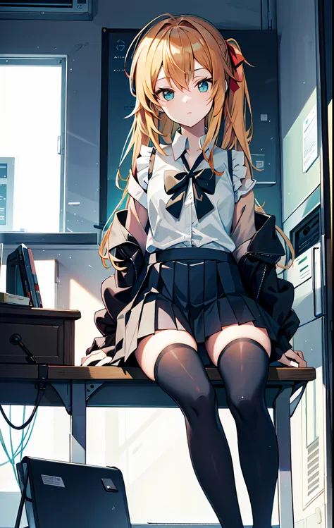 an anime girl sitting on top of a desk, 1girl, solo,  long hair, black skirt, shirt, thighhighs, sleeveless shirt, sitting, slee...