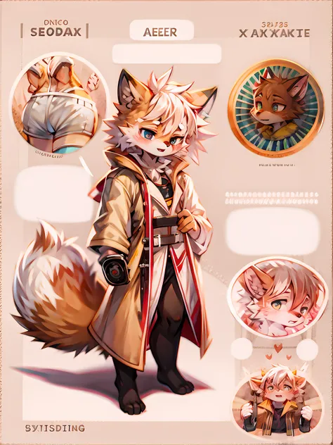 (character focus:red fox，fox male，small figure，full body fur，white hair，white eyebrows，eyes with brightness，clear eyes，heterochr...