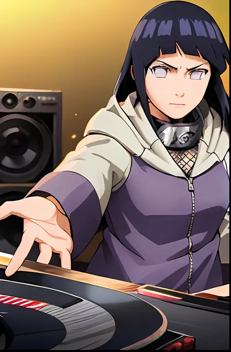 "a solo shot featuring  hinata\(shippuden\)
hooded jacket headband around neck,konohagakure symbol  a dj, showcasing her skills ...