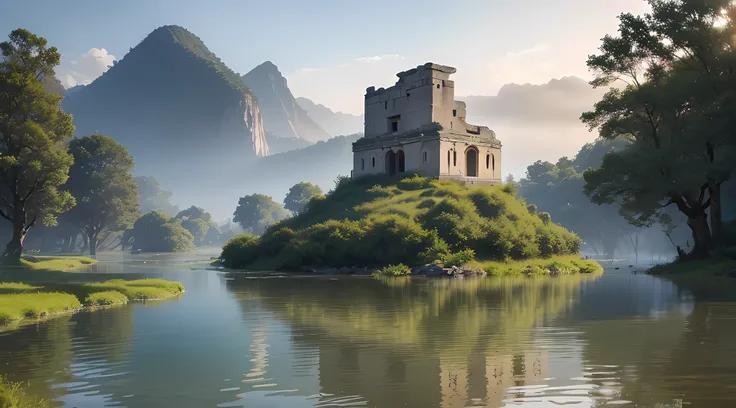 (8K, RAW photo, Best quality, Mastery:1.2), (Realistic, photo-realistic:1.37), rendering by octane, 超高分辨率, Ultra-detailed , Professional lighting, photon maping, Radio City, Physically-based rendering, UE5, ((Island sanctuary)), ((The ancient kingdom of th...