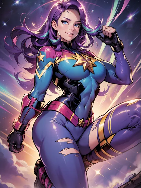 starlight glimmer, huge-breasts, lush breasts, elastic breasts, hairlong, luxurious hairstyle, in the costume of captain marvel,...