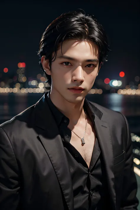 best quality, masterpiece, ultra high res, (photorealistic:1.4), raw photo, young handsome male, black hair, (night city backgro...