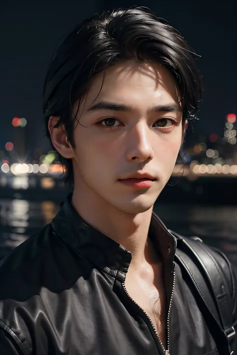 best quality, masterpiece, ultra high res, (photorealistic:1.4), raw photo, young handsome male, black hair, (night city backgro...