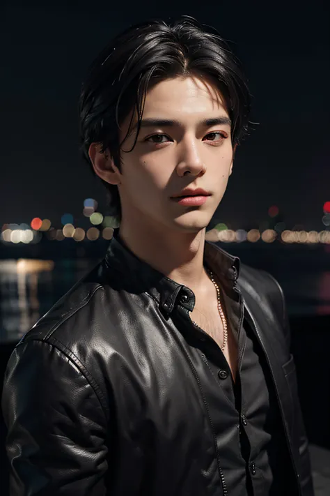 best quality, masterpiece, ultra high res, (photorealistic:1.4), raw photo, young handsome male, black hair, (night city backgro...