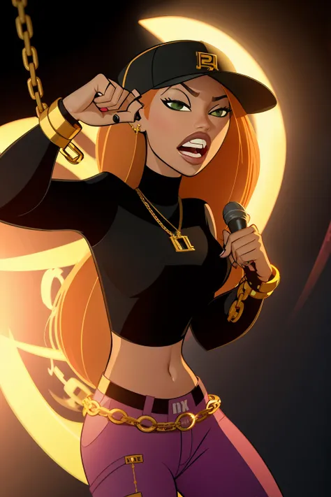 "A solo shot featuring kim possible showcasing her skill as a rapper.. sick cash money gold chains grillz bling yo!"