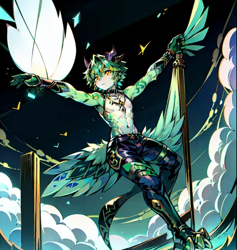 yellow eyes, green hair, short hair, tattoo, forehead tattoo, necklace, 1boy, solo focus, male focus, black within green hair, xiao (genshin impact) as a Digimon, digimon (creature),((Green and White skin)) ,((Bird like)) ,(( Demon like)),((green, white, B...