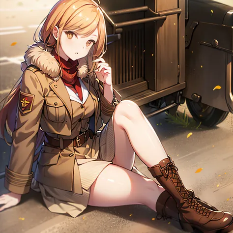 orange eyes light,richly faded light long orange hair, anime 1girl, brown military boots,khaki jacket with fur-trimmed, (good le...