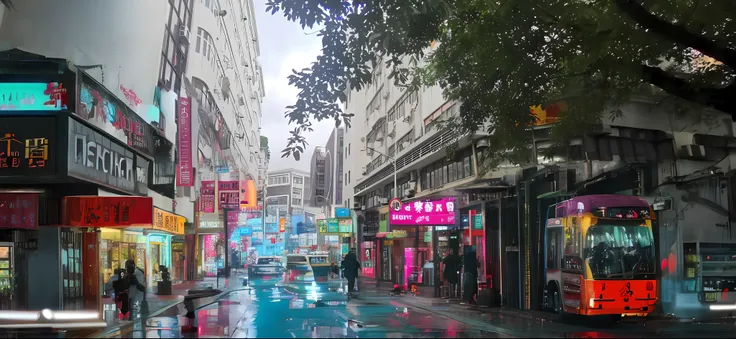 the city street, street of hong kong, neon lights above shops, kowloon cyberpunk, kowloon, tokyo kowloon, street of hong kong, c...