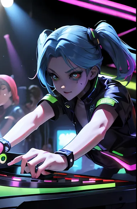 "a solo shot featuring 1girl, rebecca \(cyberpunk\)   a dj, showcasing her skills on the turntables at a vibrant rave."