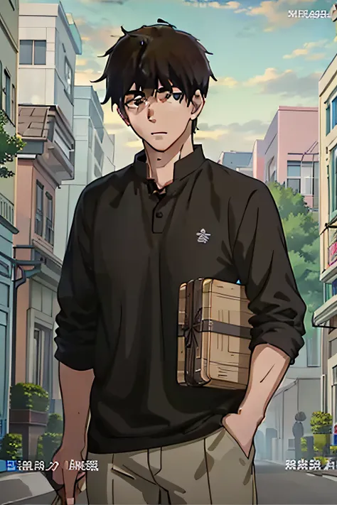 (tmasterpiece,quality,optimum),A handsome eighteen-year-old man,Delicate facial features,with short black hair,Black shirt,the street