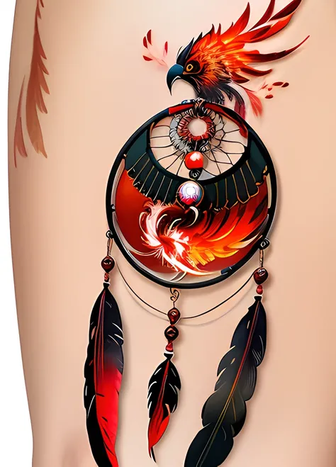 dream catcher tattoo, black and red thread, 5 feathers hanging from the bottom, multi colored feathers, a phoenix fire bird in the middle, transparent background