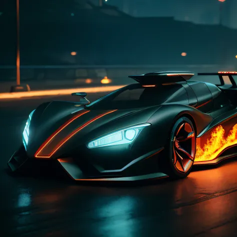 ((cyberpunk futuristic car on fire)) ((Realistic Lighting, Best Quality, 8K, Masterpiece:1.3)) Focus:1.2,Carved Abs:1.1, (Outdoor, Waterfront:1.1), City Street,
