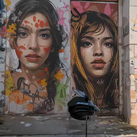 Graffiti en la pared de un edificio con dos chicas con caras pintadas, Arte callejero 8 K, hiperrealismo colorido, Arte callejero:2 obras maestras, Impresionantes obras de arte, Arte callejero, Arte callejero, colores vibrantes hiper realismo, Arte calleje...