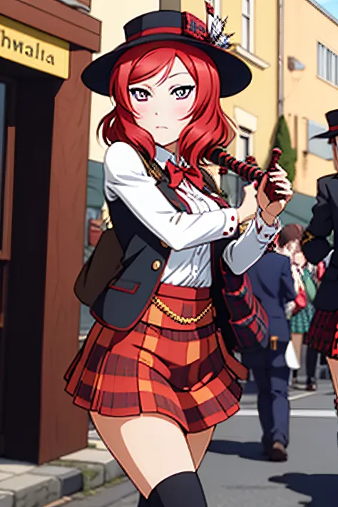 maki nishikino，loch ness，red bagpiper hat，blowing bagpipes，red tweed skirt