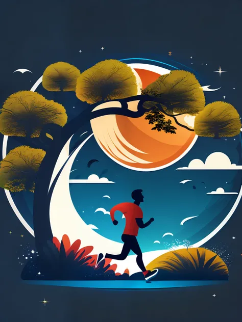 running man on the park with tree in the night and half moon, tshirt design, rzminjourney, vector-art