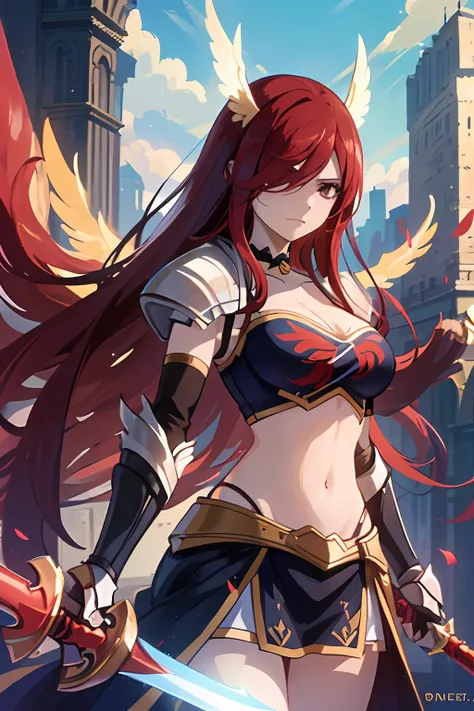 1girl, solo, erza scarlet, fairy tail, red hair, brown eyes, breasts, weapon, sword, holding, long hair, armor, , hair over one ...