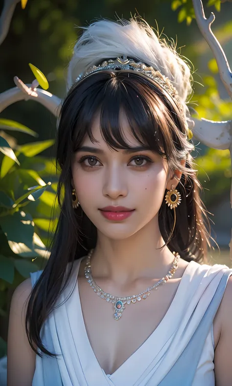 Best quality, masterpiece, ultra high res, (photorealistic:1.4), raw photo, 1girl, indian girl, in the dark, deep shadow, light makeup, cold light, teasing smile, Necklaces, Bracelets, Hair Accessories, Earrings, Headbands, garden, Village, India,{{proper...
