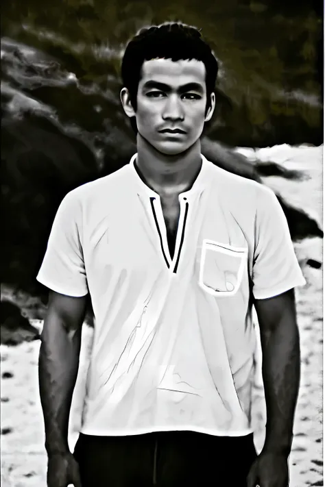 photo of a (men),serious look ,standing at (beach), portrait photo, (closeup:1.2)